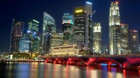 Сингапур, небоскрёбы, вечер, ночной город
