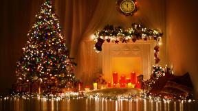 новый год, ёлочные украшения, шар, ель, свеча, гирлянда, подарок