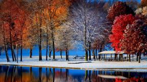 осень, зима, озеро, снег