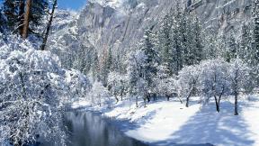 зима, река, снег, лес, горы, зимний лес