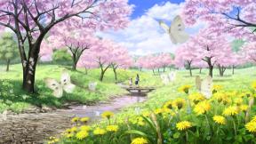 весна, одуванчик, бабочка, рисунок, цветы, река, мост