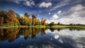озеро, осень, деревья, облака, отражение