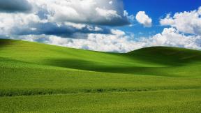 поле, трава, небо, облака, холмы