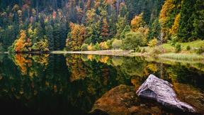 осень, озеро, камни, лес, отражение