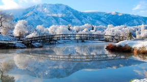 мост, снег, горы, река, зима, заснеженные горы