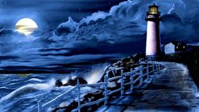 море, волны, маяк, скалы, ночь, рисунок, дорога, небо