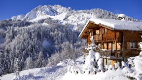 зима, снег, горы, лес, дом, зимний лес, заснеженные горы