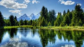 горы, озеро, лес, отражение