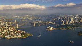 Сидней, море, небоскрёбы, мост, с высоты, Австралия