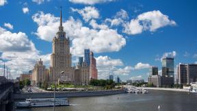 Москва, река, мост, облака, небоскрёбы, Россия
