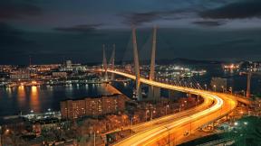 Владивосток, мост, вечер, движение, Россия, ночной город