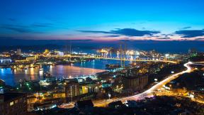Владивосток, мост, вечер, движение, небо, Россия, ночной город
