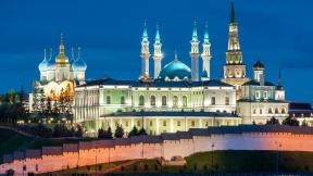 Россия, Казань, мечеть, кремль, вечер, собор, купола, церковь, ночной город