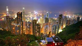 Гонконг, небоскрёбы, вечер, с высоты, ночной город