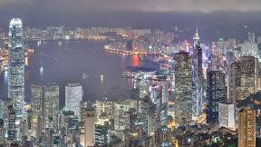 Гонконг, небоскрёбы, вечер, с высоты, ночной город