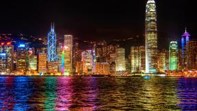 Гонконг, небоскрёбы, вечер, ночной город