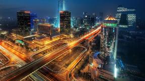Китай, Пекин, вечер, дорога, небоскрёбы, с высоты, ночной город