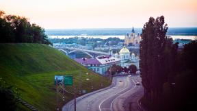 Нижний Новгород, река, Россия, мост, церковь, купола, дорога