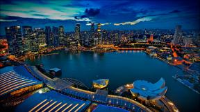 Сингапур, с высоты, вечер, небоскрёбы, вечерний город