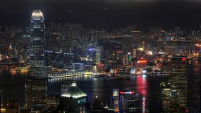 Гонконг, небоскрёбы, вечер, ночной город, море