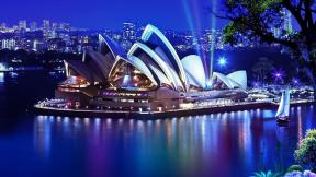 Сидней, море, небоскрёбы, Австралия, вечер, ночной город