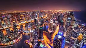 ОАЭ, Дубай, небоскрёбы, вечер, вечерний город, дорога, с высоты