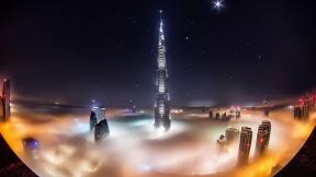 ОАЭ, Дубай, небоскрёбы, вечер, вечерний город, дорога, с высоты, туман