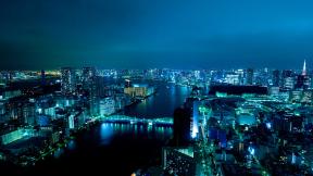 Япония, Токио, небоскрёбы, с высоты, вечер, ночной город, река, мост