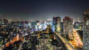 Япония, Токио, небоскрёбы, с высоты, вечер, ночной город, дорога