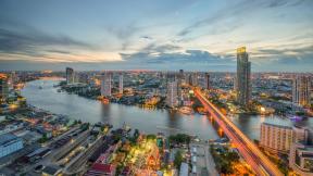 Таиланд, Бангкок, с высоты, вечер, вечерний город, река, мост, дорога