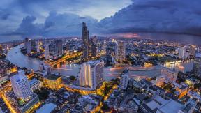 Таиланд, Бангкок, с высоты, вечер, вечерний город, река, мост