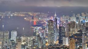 Гонконг, небоскрёбы, вечер, ночной город, с высоты