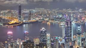 Гонконг, небоскрёбы, вечер, ночной город, с высоты