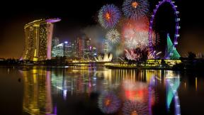 Сингапур, ночь, ночной город, небоскрёбы, салют