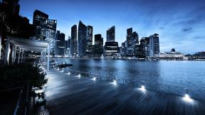 Сингапур, вечер, вечерний город, небоскрёбы