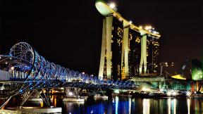 Сингапур, ночь, ночной город, небоскрёбы