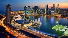 Сингапур, вечер, вечерний город, небоскрёбы, с высоты