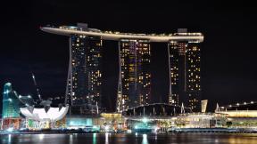 Сингапур, ночь, ночной город, небоскрёбы