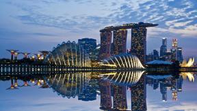 Сингапур, вечер, вечерний город, небоскрёбы
