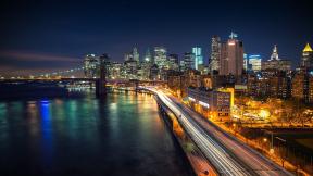 США, Нью-Йорк, мост, река, небоскрёбы, ночной город