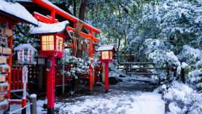Япония, зима, снег, фонарь