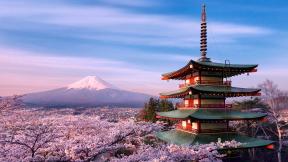 Япония, горы, вулкан, с высоты, весна, сакура