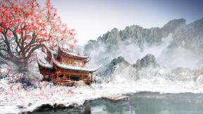 Япония, рисунок, зима, снег, горы