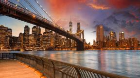 США, Нью-Йорк, мост, река, небоскрёбы