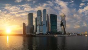 Москва, Россия, небоскрёбы, река, закат