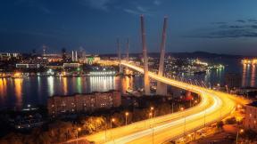 Россия, Владивосток, мост, река, вечерний город