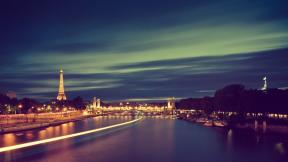 Эйфелева башня, Париж, Франция, вечерний город, река