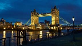 Англия, Лондон, вечер, река, мост, ночной город