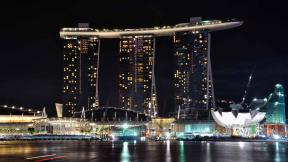 Сингапур, вечер, небоскрёбы, ночной город