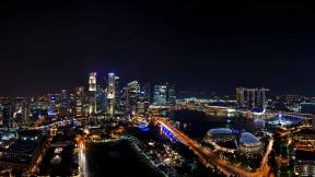 Сингапур, с высоты, вечер, небоскрёбы, ночной город